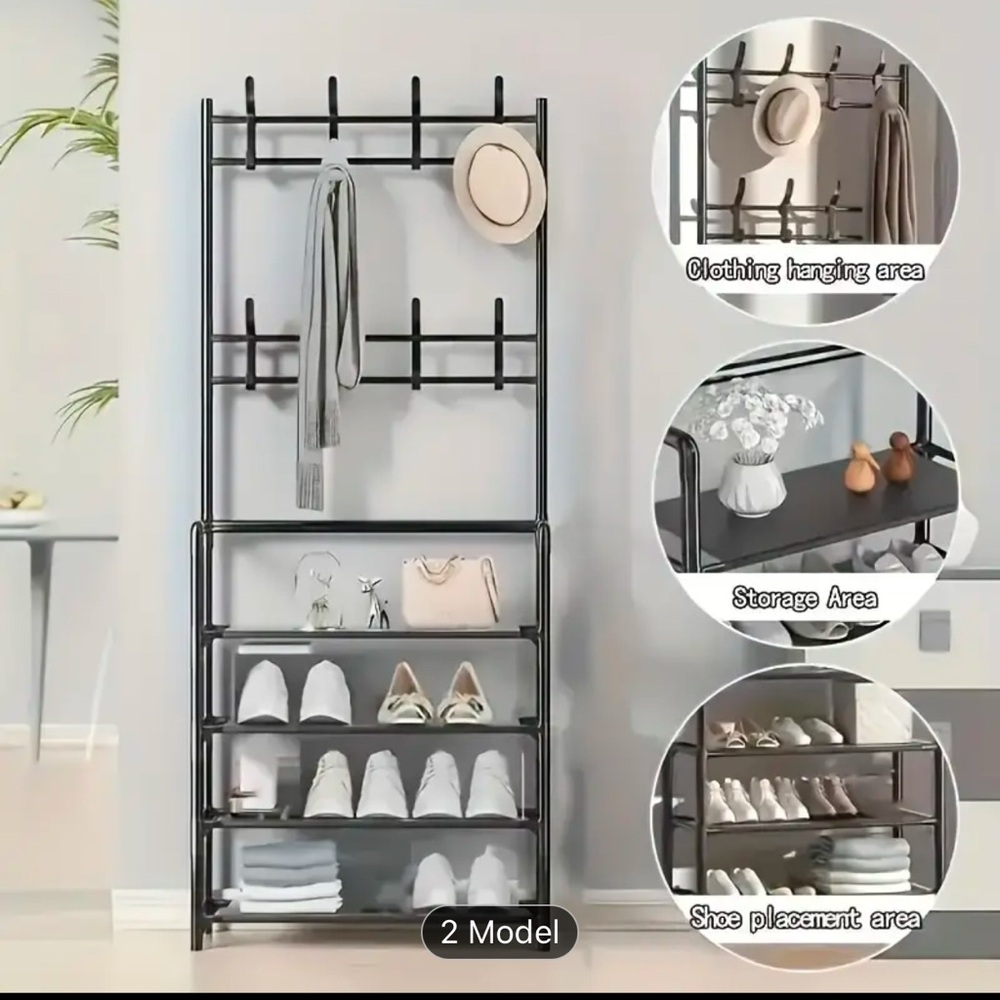 Black Metal Entryway Storage Unit with Coat Rack and Shoe Organizer